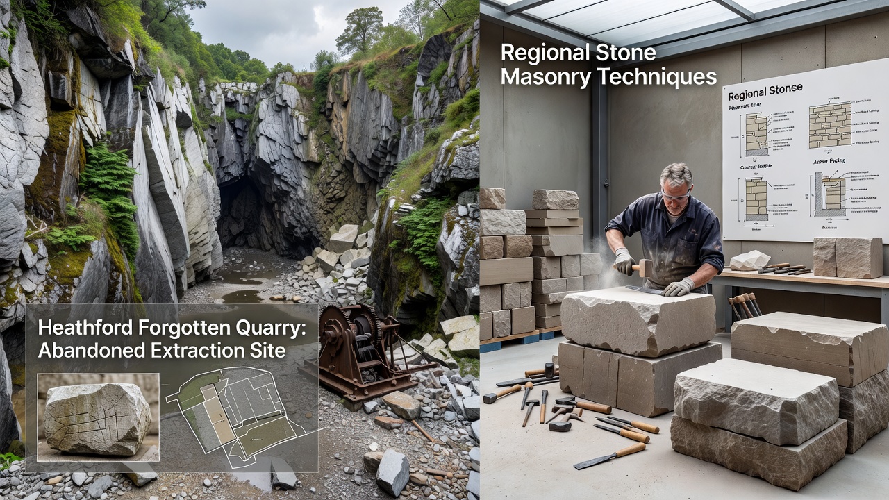 Close-up of traditional Heathford stone masonry wall showing ashlar blocks and tool marks from regional quarries